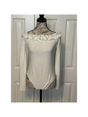 White Off Shoulder Velour Ruffle Bodysuit | Glam | Large  #11